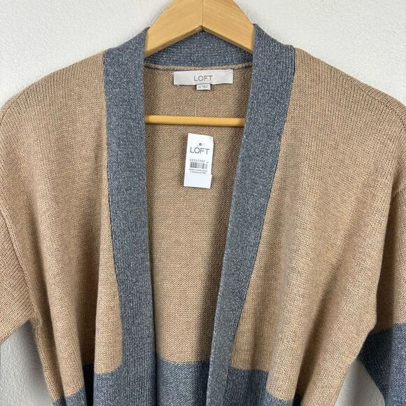 Loft Womens M Longline Belted Cardigan Sweater Neutral Chunky Colorblock Stripe - Picture 3 of 10